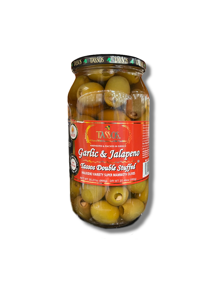 Tasso's Garlic & Jalapeno Double Stuffed Olives, 35.27 oz