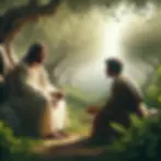 A imagem retrata uma cena serena e inspiradora de Jesus, vestido com trajes tradicionais, sentado sob uma oliveira em um jardim tranquilo. Ele está envolvido em uma conversa gentil e atenta com uma pessoa de aparência indeterminada, que está sentada de frente para Ele, ouvindo atentamente, refletindo um sentido de paz e compreensão. O fundo da imagem mostra um jardim exuberante, simbolizando esperança e renovação, com uma luz natural suave filtrando através das folhas, destacando a interação compassiva.