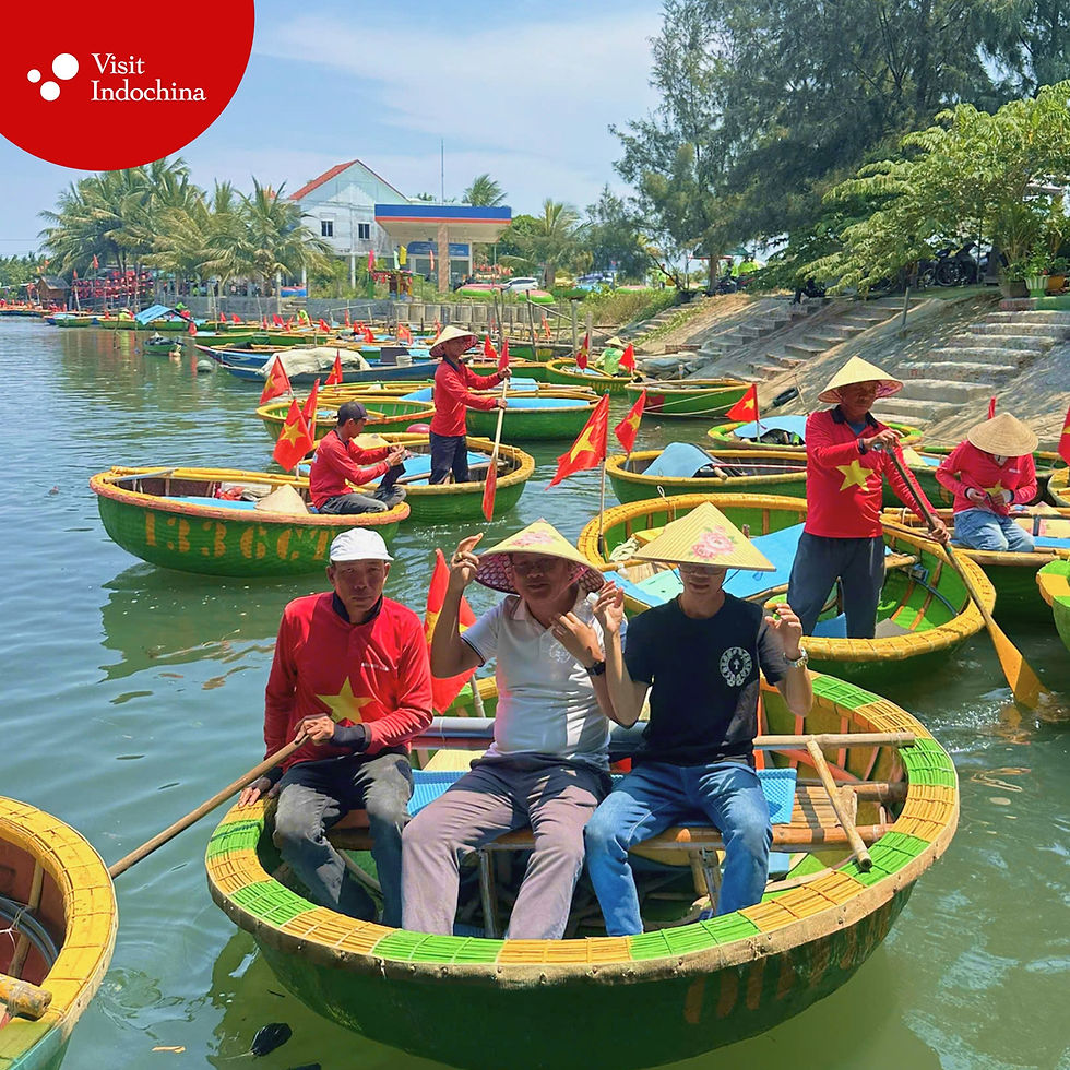Lao travelers experiencing local culture at Bay Mau Coconut Forest
