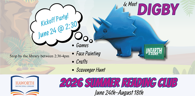 2026 Summer Reading Club kickoff June 24 with Digby the dinosaur.