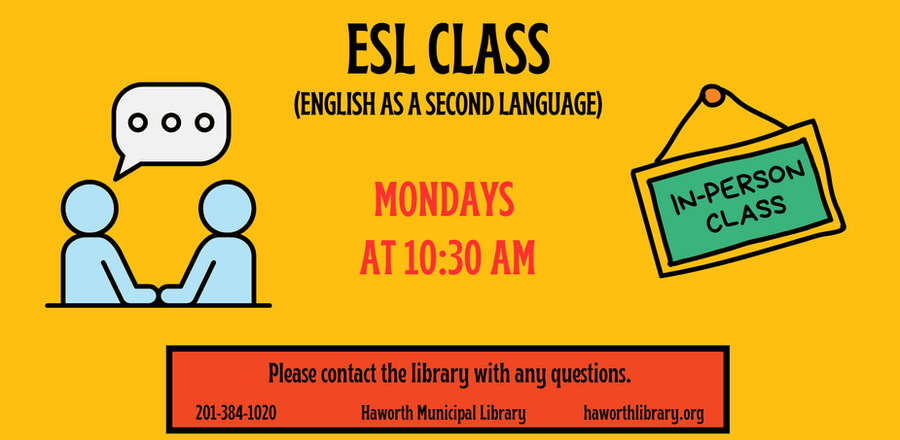 Two people conversing, ESL Class at Haworth Library on Mondays at 10:30am. 