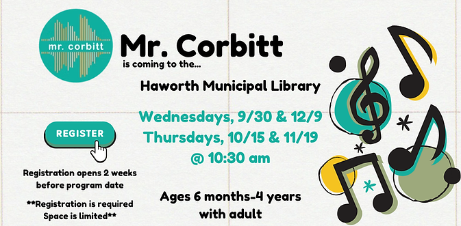 Mr. Corbitt at Haworth Library, musical event for kids.