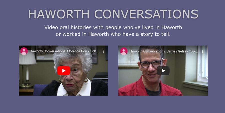 Two people being interviewed for oral history at Haworth Library.