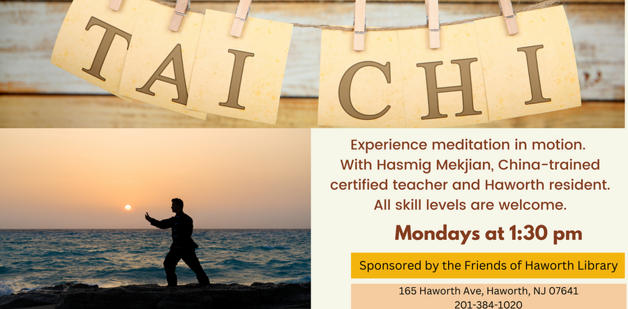 Silhouette of person practicing tai chi at the beach. Tai Chi class at Haworth Library on Mondays at 1:30pm.