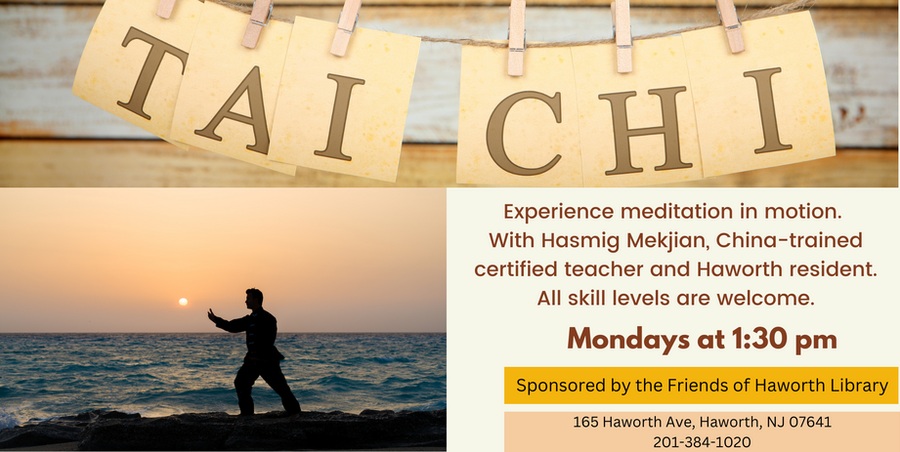 Silhouette of person practicing tai chi at the beach. Tai Chi class at Haworth Library on Mondays at 1:30pm.