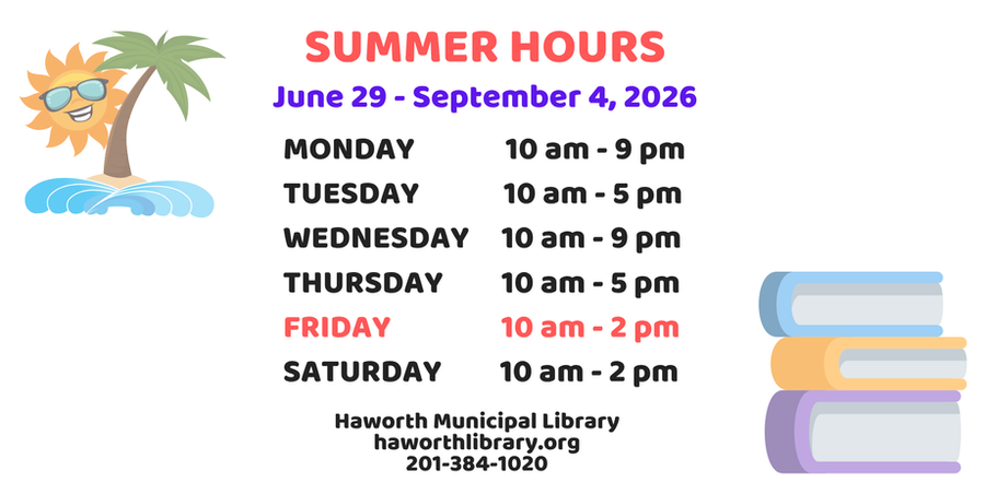 Haworth Municipal Library summer hours June 29-Sept 4, 2026