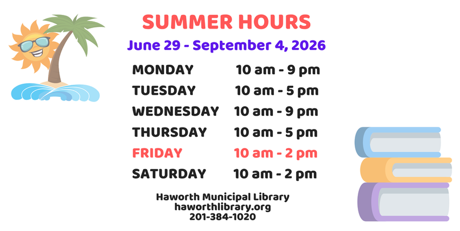 Haworth Municipal Library summer hours June 29-Sept 4, 2026