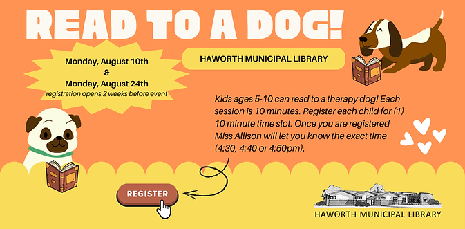 Read to a Dog event flyer for Haworth Municipal Library