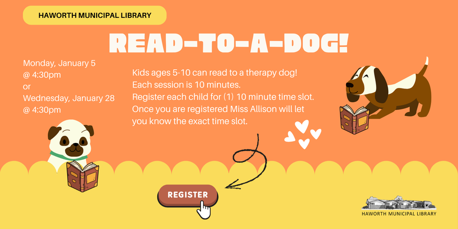 Puppies reading books promoting read to a dog event at Haworth Library, January 5th at 4:30pm