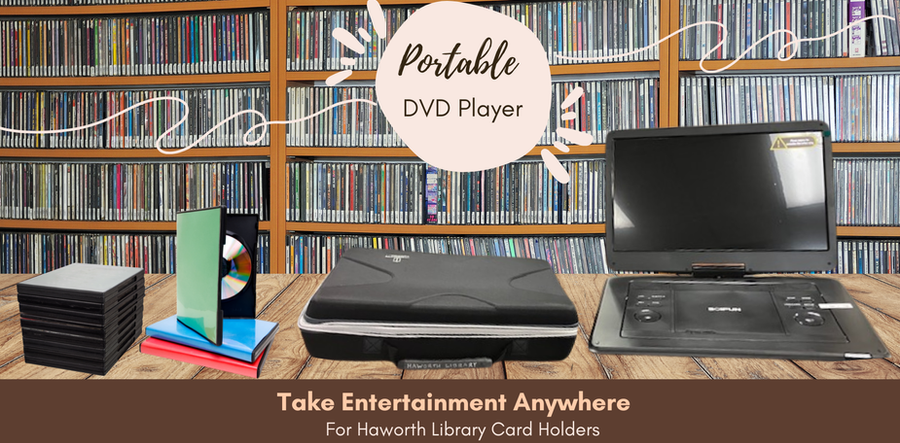 Portable DVD Player, with a case and DVDs on a wooden table with a shelf of DVDs in the background