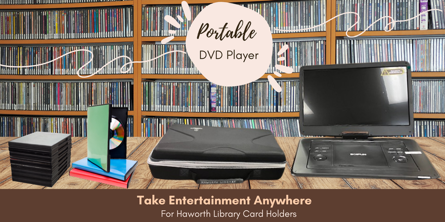 Portable DVD Player, with a case and DVDs on a wooden table with a shelf of DVDs in the background