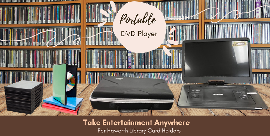 Portable DVD Player, with a case and DVDs on a wooden table with a shelf of DVDs in the background - available to check out with a Haworth Library Card