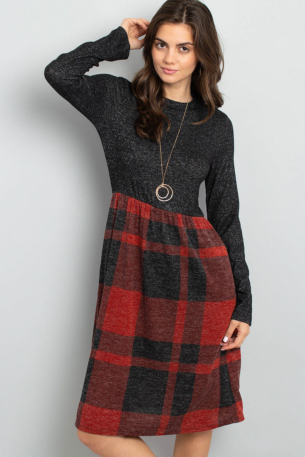 Thumbnail: Two Toned Long Sleeves Plaid Contrast Dress