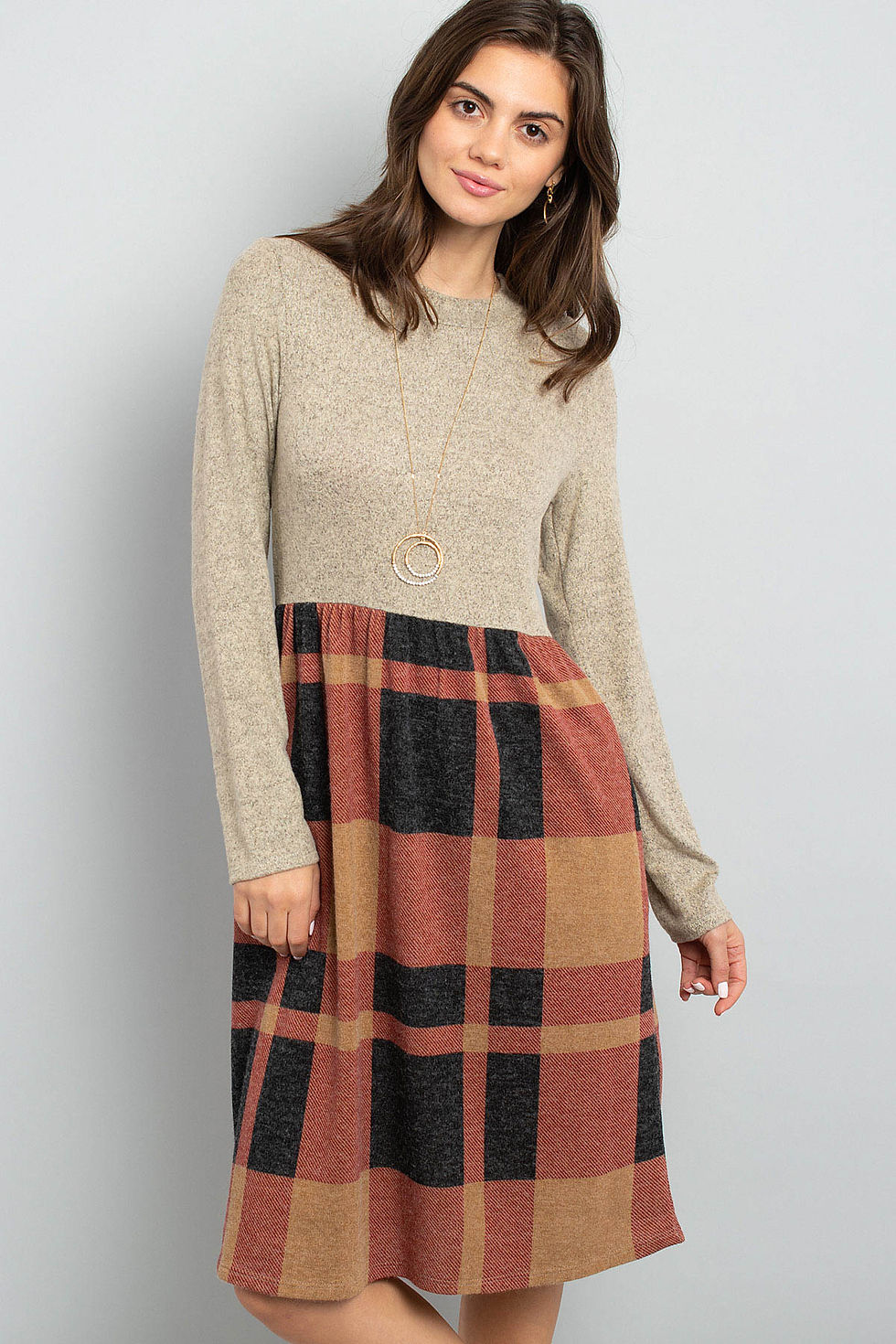 Thumbnail: Two Toned Long Sleeves Plaid Contrast Dress