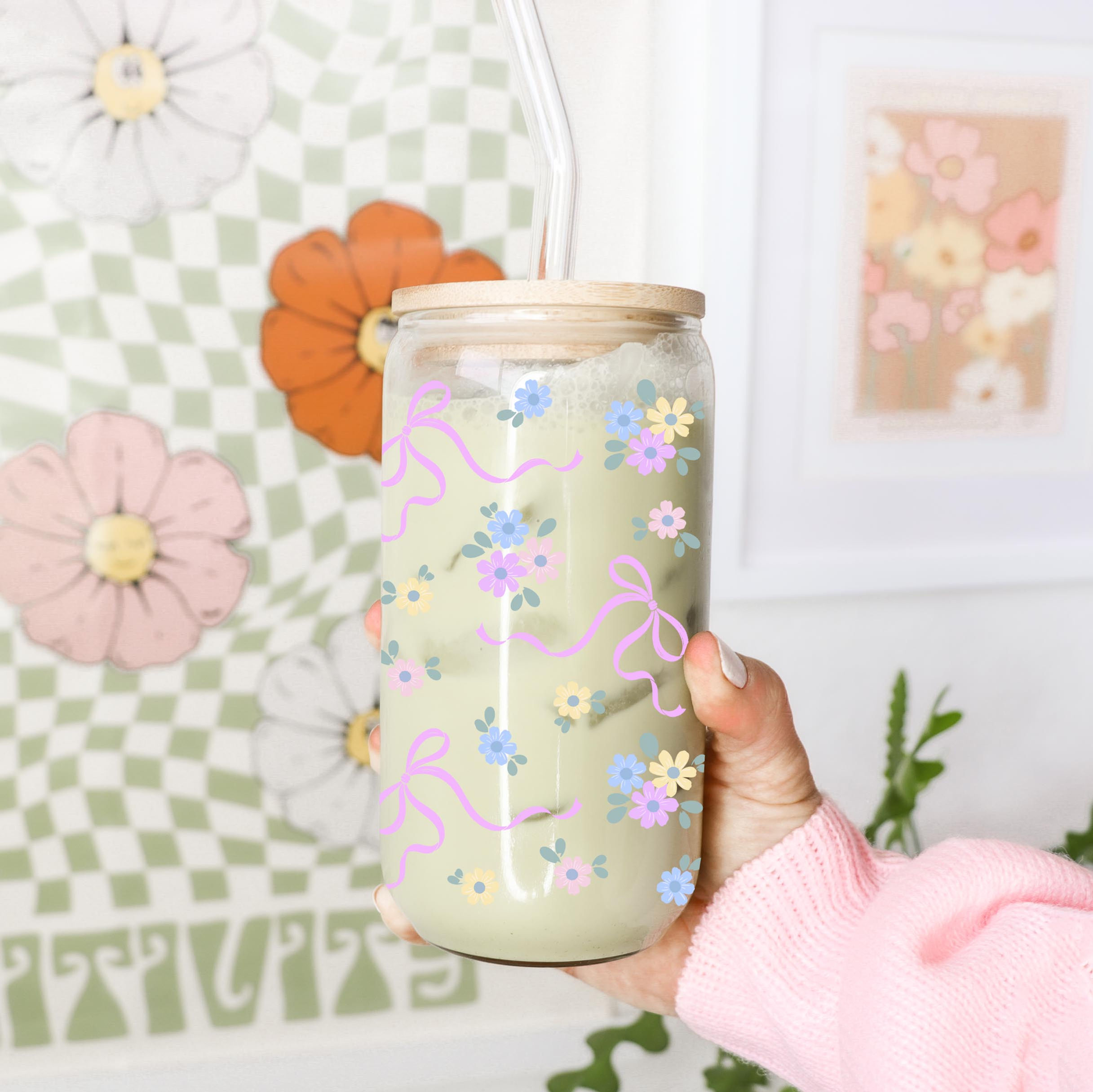Pastel Floral Bows Glass Can Cup