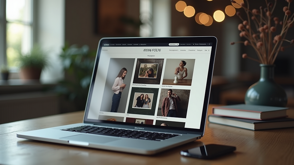 Close-up view of a laptop screen displaying a photographer's online portfolio