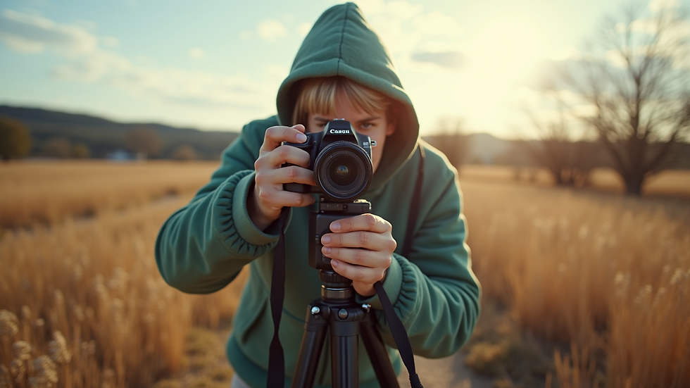 Eye-level view of a photographer setting up a camera on a tripod outdoors