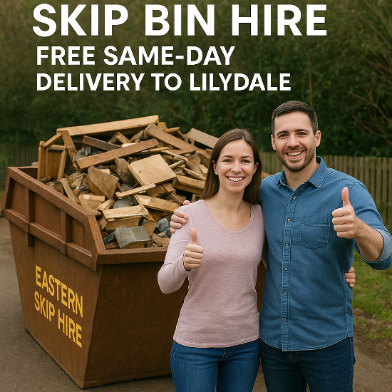 Eye-level view of a green skip bin filled with various waste materials