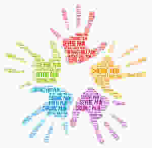 5 Handprints with Chronic, Severe, and Intractable Pain Repeatedly Written and Formatted into the Shape of the Hands
