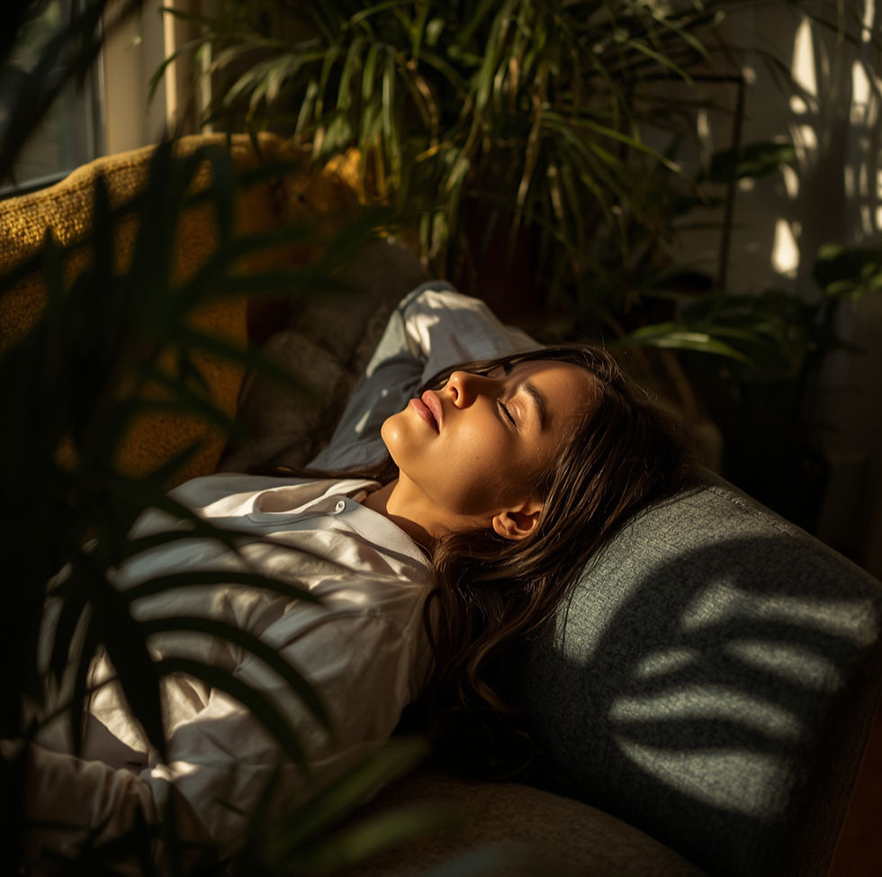 Woman reclines on a couch in warm sunlight, eyes closed, surrounded by leafy houseplants and shadowed patterns, peaceful mood