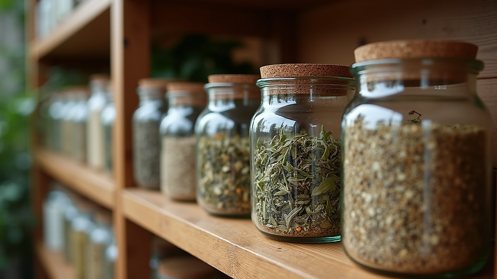 Eye-level view of glass jars filled with various dried herbs on a wooden shelf
