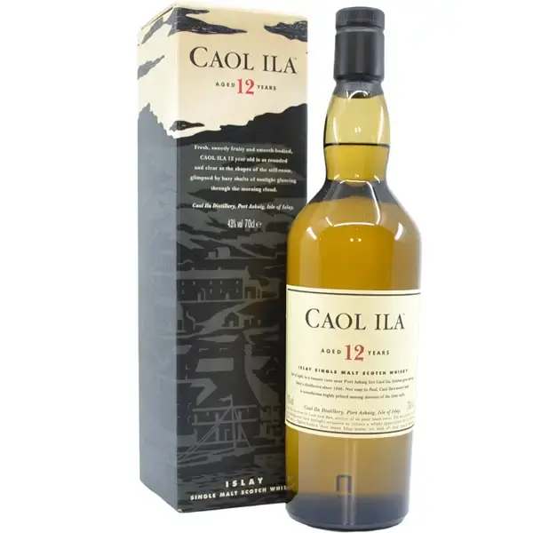 Eine Flasche Caol Ila Single Malt Scotch Whisky mit 12 Jahren in der Frontalansicht.