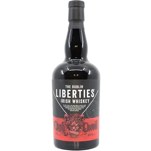 Eine Flasche The Dublin Liberties Single Malt Irish Whiskey Oak Devil in der Frontalansicht.
