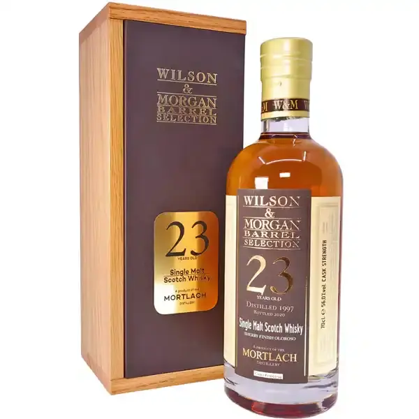 Eine Flasche Mortlach 1997 - 2020 Single Malt Scotch Whisky mit 23 Jahren in der Frontalansicht.