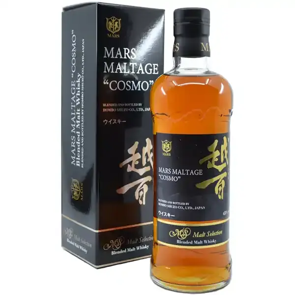 Eine Flasche Mars Maltage Cosmo Blended Malt Japanese Whisky in der Frontalansicht.