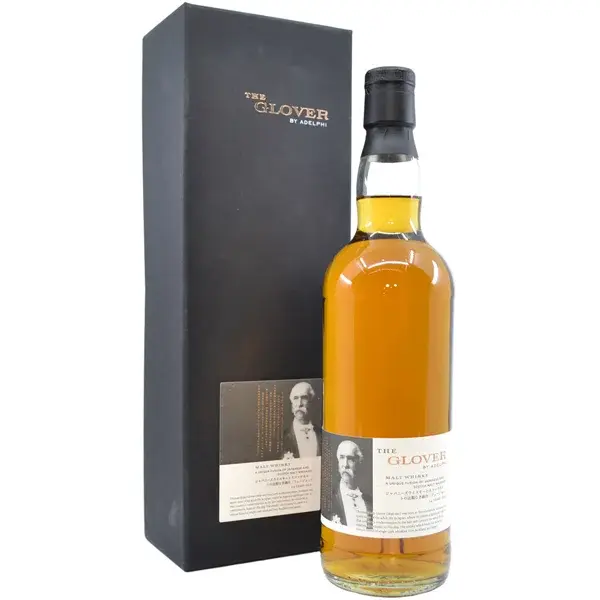 Eine Flasche The Glover Blended Malt Whisky mit 18 Jahren in der Frontalansicht mit Umverpackung.