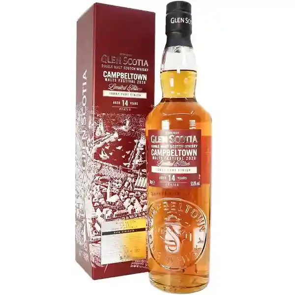 Eine Flasche Glen Scotia Single Malt Scotch Whisky - Festival 2020 - mit 14 Jahren in der Frontalansicht.