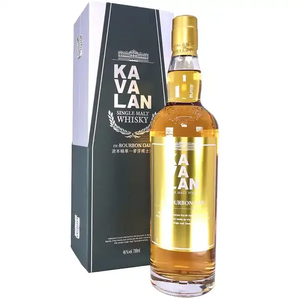 Eine Flasche Kavalan Ex-Bourbon Oak Single Malt Taiwan Whisky in der Frontalansicht.