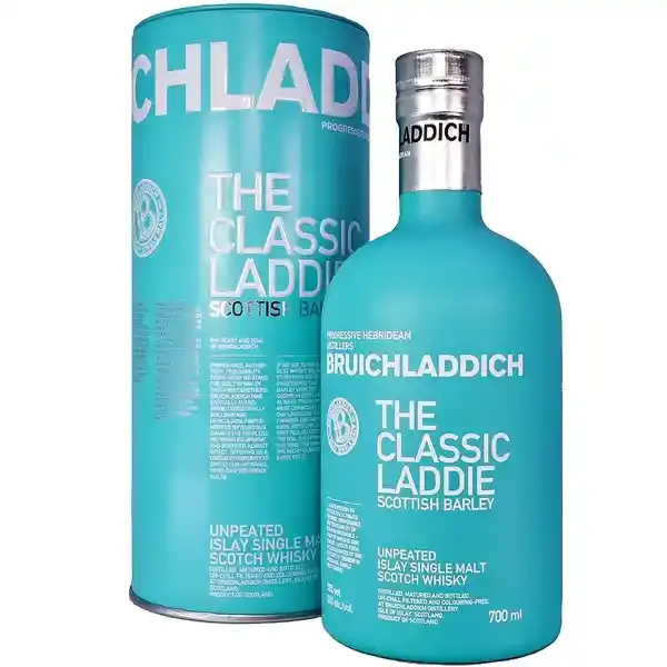 Eine Flasche Bruichladdich The Classic Laddie Single Malt Scotch Whisky in der Frontalansicht.