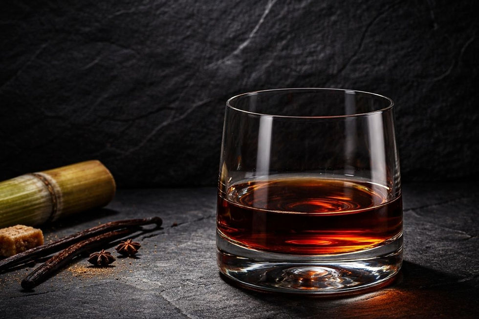 Rum in einem schweren Tumbler auf dunkler Schieferplatte, begleitet von Gewürzen und einem Holzfassdetail vor einer Schieferwand.
