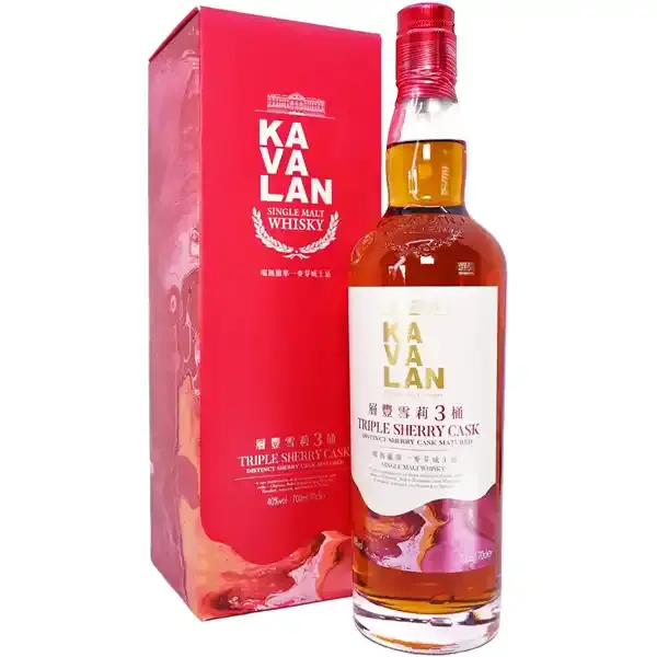 Eine Flasche Kavalan Triple Sherry Cask Single Malt Taiwan Whisky in der Frontalansicht.