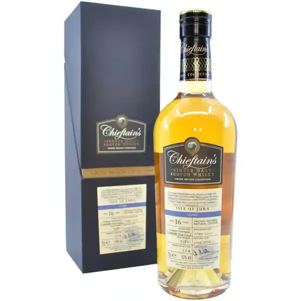 Eine Flasche Jura 2000 - 2016 Single Malt Scotch Whisky mit 16 Jahren in der Frontalansicht.