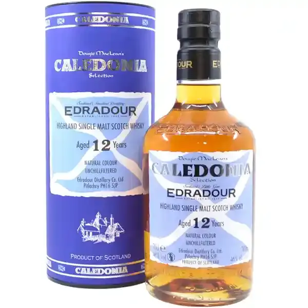 Eine Flasche vom Edradour Caledonia Single Malt Scotch Whisky mit 12 Jahren in der Frontalansicht.