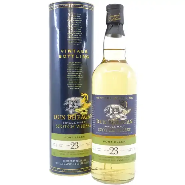 Eine Flasche Port Ellen 1983 - 2006 Single Cask Scotch Whisky mit 23 Jahren in der Frontalansicht.
