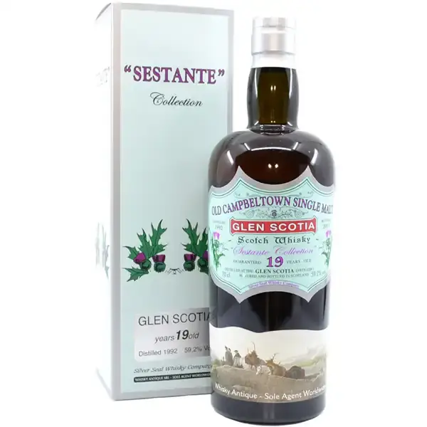 Eine Flasche Glen Scotia 1992 - 2011 Single Malt Scotch Whisky mit 19 Jahren in der Frontalansicht.