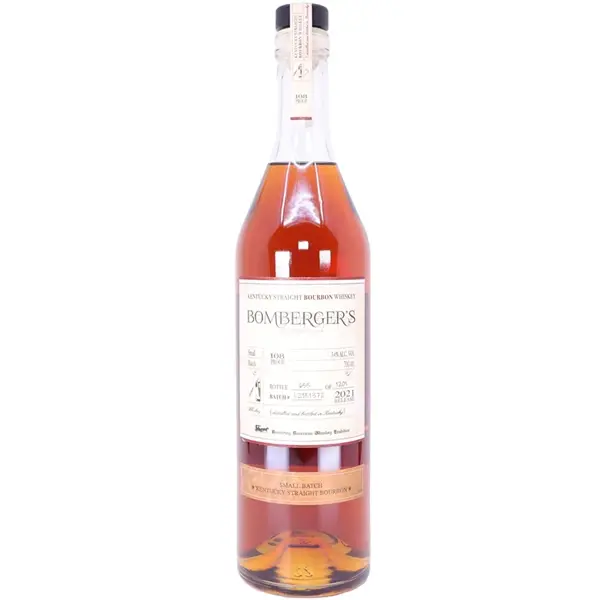 Eine Flasche Bomberger's Kentucky Straight Bourbon Whiskey in der Frontalansicht.