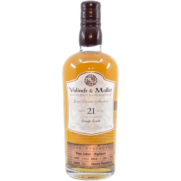 Eine Flasche Blair Athol 1995 - 2016 Single Cask Scotch Whisky mit 21 Jahren Reifung in der Frontalansicht.