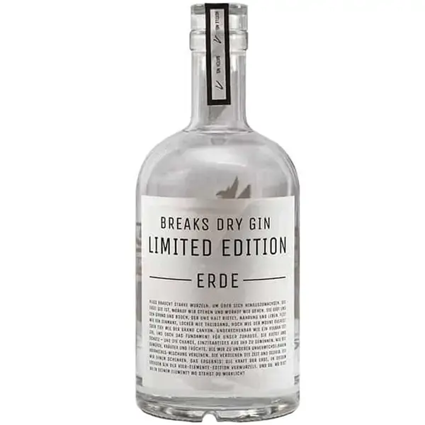 Eine Flasche vom Element Erde Dry Gin von Breaks Premium in der Rückansicht.