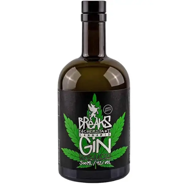 Eine Flasche vom Cannabis Dry Gin vom Breaks Premium in der Frontalansicht.