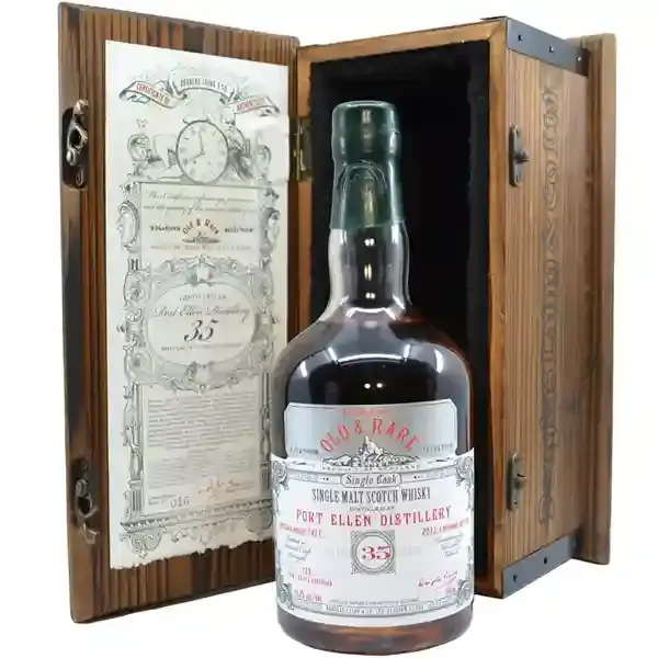 Eine Flasche Port Ellen 1977 - 2012 Single Cask Scotch Whisky mit 35 Jahren in der Holzbox.
