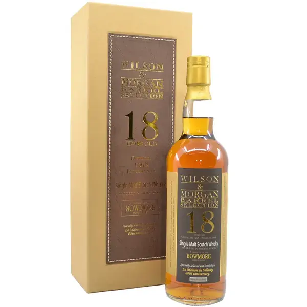 Eine Flasche Bowmore 1998 - 2016 Single Malt Scotch Whisky mit 18 Jahren in der Frontansicht.