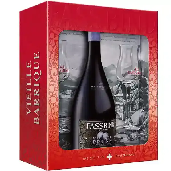 Eine Flasche Fassbind Vieille Barrique - Vielle Poire - in der Geschenkverpackung.