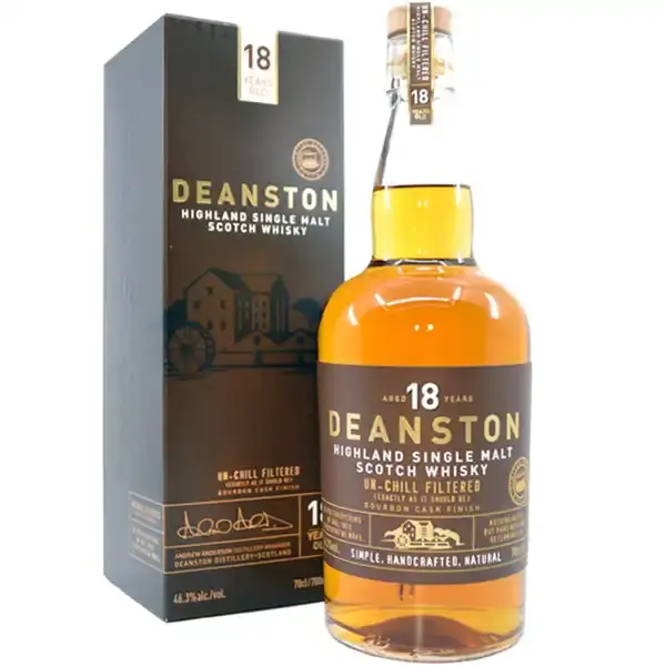 Eine Flasche Deanston 2015 Single Malt Scotch Whisky mit 18 Jahren in der Frontalansicht.
