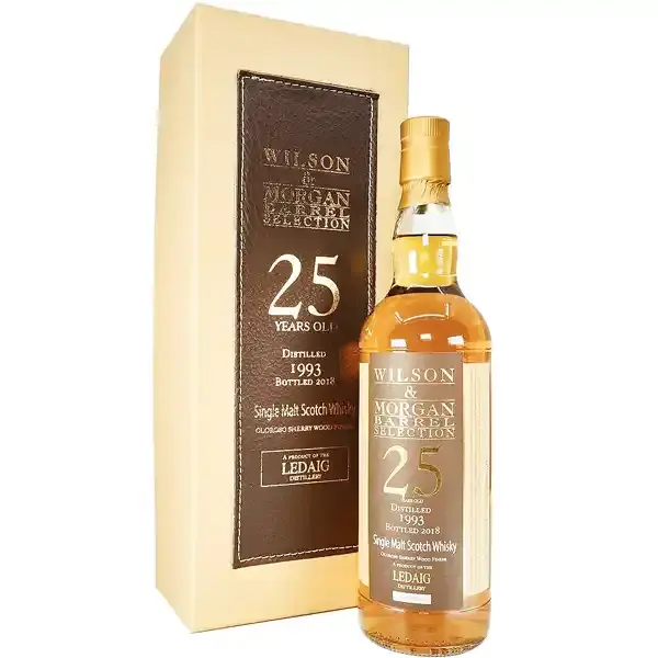 Eine Flasche Ledaig 1993 - 2018 Single Malt Scotch Whisky mit 25 Jahren in der Frontalansicht.