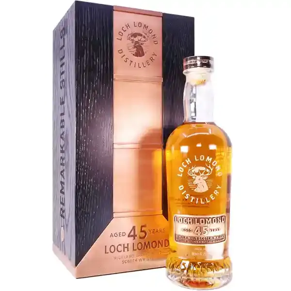 Eine Flasche Loch Lomond 1973 - 2021 Remarkable Still Single Cask Scotch Whisky mit 45 Jahren in der Frontalansicht.