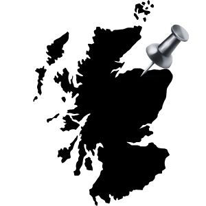 Karte von Schottland mit Stecknadel beim Standort der Glen Spey Distillery.